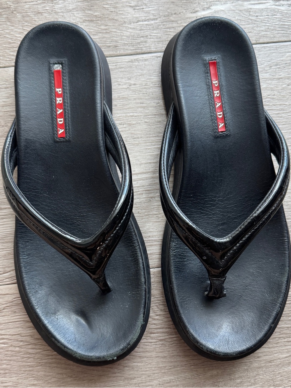 Prada Black Patent Leather Thong Sandals with Red Logo Size 5.5